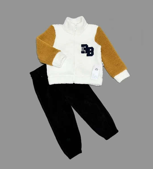 LitaeTrend 1-2-3 Yaş Kuzu Kumaş Fermuarlı Sweat Kadife Pantolonlu Uzun Kollu Kız Erkek Çocuk 2li Takım Siyah ürün görseli 1