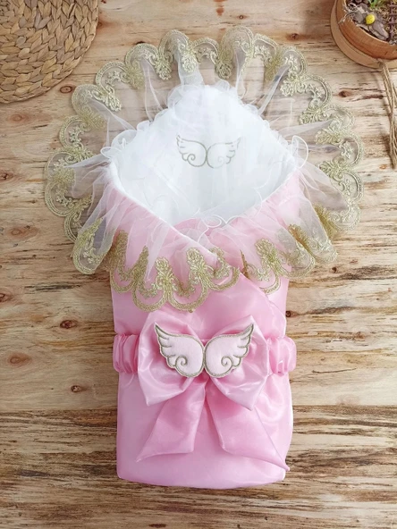 LitaeTrend Yenidoğan Shine Kumru Melek Kanat Fiyonklu Gold Dantel Duvaklı Delüks Kundak Bebek Battaniyesi Pembe ürün görseli 1