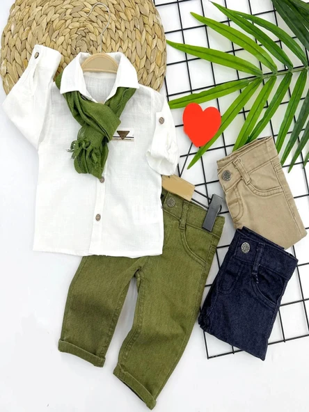 LitaeTrend 9-12-18-24 Ay Ve 3-4-5 Yaş Fularlı Pamuk Keten Gömlekli Pantolonlu 3lü Erkek Bebek Takımı Yeşil ürün görseli 1