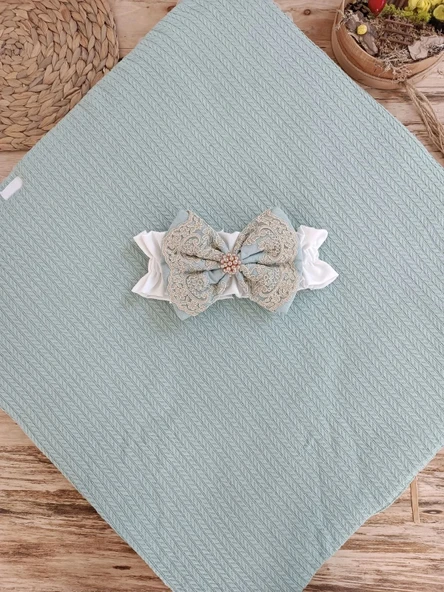 LitaeTrend Yenidoğan Kuzulu Taç Nakış Güpürlü Fiyonklu Duvaklı Prizma Taş Unisex Kundak Bebek Battaniyesi Su Yeşili - Resim 5