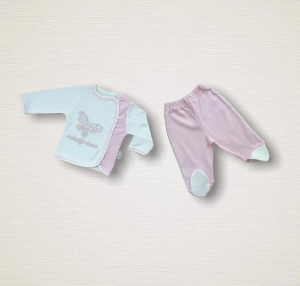 LitaeTrend Uçan Kelebekler Nakışlı  10lu Zıbın Takımı Hastane Çıkışı Pembe - Resim 3