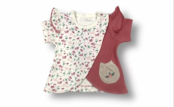 LitaeTrend 3-6 6-9 9-12 Ay Melek Kız Nakışlı Bandanalı Kısa Kollu Sweatli Şortlu 3lü Kız Bebek Takımı Nar Çiçeği - Resim 2