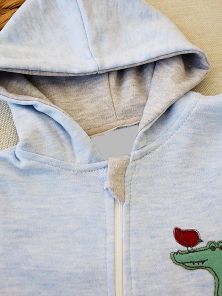 LitaeTrend 6-9 9-12 Ay Ef Çizgi Boy Fermuarlı Hayvanlar Alemi Nakışlı Kapşonlu Kız Erkek Bebek Tulumu Mavi - Resim 3