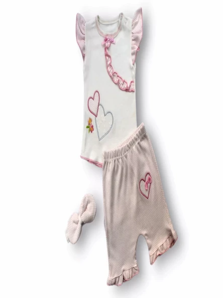LitaeTrend 3-6 6-9 9-12 12-18 Ay Çift Kalp Nakışlı Şort Tişört 3lü Kız Bebek Takımı Ekru ürün görseli 1