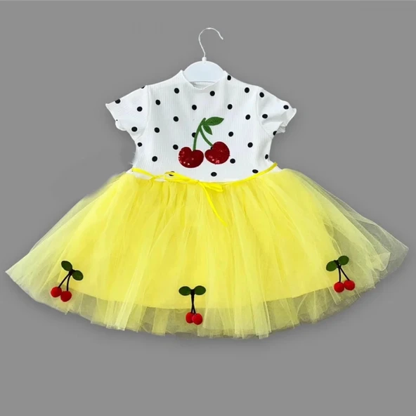 LitaeTrend 1-2-3 Yaş Payetli Kiraz Nakışlı Kiraz Etekli Kız Bebek Tütü Elbisesi Sarı - Resim 2