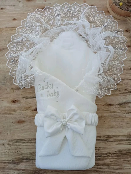 LitaeTrend Yenidoğan Sahra Lucky Turk Nakışlı Kundak Bebek Battaniyesi Ekru ürün görseli 1