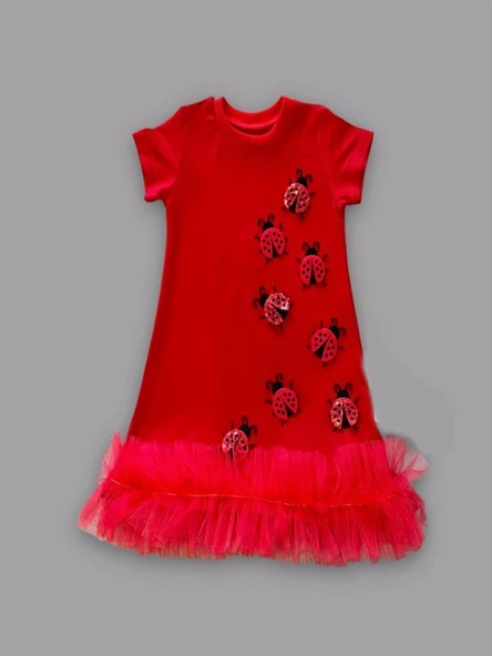 LitaeTrend 1-2-3 Yaş Uğur Böceği Nakışlı Fırfır Uçlu Kız Çocuk Jile Elbisesi Kırmızı - Resim 2