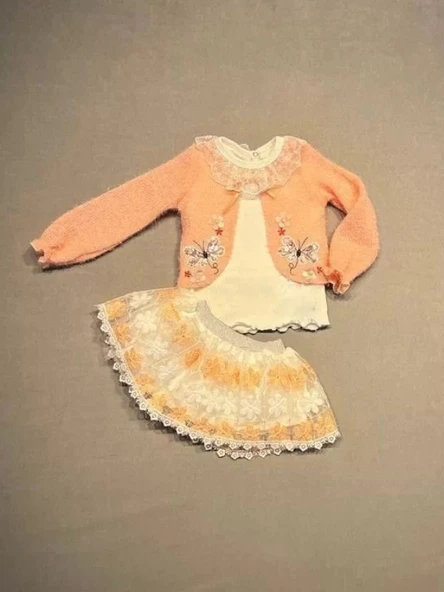 LitaeTrend 1-2-3 Yaş Brode Etekli Örme Hırkalı Uzun Kollu Sweat 3lü Kız Çocuk Takımı Somon ürün görseli 1