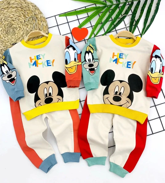 LitaeTrend 9-12-18-24 Ay Mickey Ve Arkadaşları Desenli Uzun Kollu Sweat 2li Kız Erkek Bebek Takımı Mavi ürün görseli 1