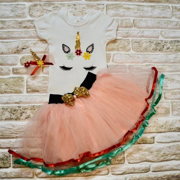 LitaeTrend 9-12-18 Ay Payetli Pony Nakışlı Tokalı Kısa Kollu Tütü Etek 3lü Kız Bebek Takımı Pudra ürün görseli 1