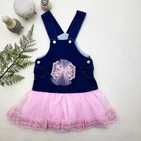 LitaeTrend 2-3-4 Yaş Fiyonklu Düğme Detaylı Tül Etek Kot Kumaş Salopet Kız Çocuk Elbisesi Lacivert-pembe ürün görseli 1