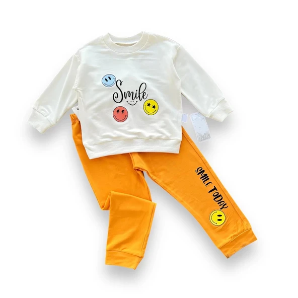 LitaeTrend 6-9-12-18 Ay Emoje Baskılı Pamuk Penye Kumaş Erkek Bebek Takımı Turuncu ürün görseli 1