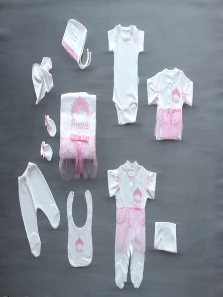 LitaeTrend Taçlı Prensesim Nakışlı  10lu Zıbın Takımı Hastane Çıkışı Pembe ürün görseli 1