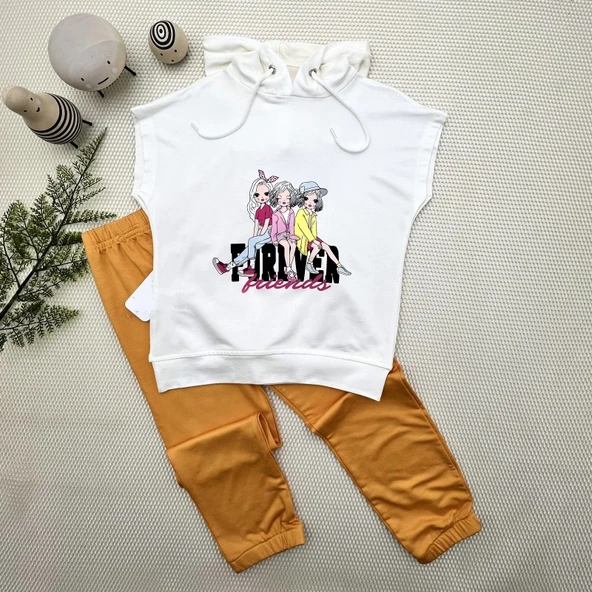 LitaeTrend 3-4-5 Yaş Forever Cici Kızlar Baskılı Kapşonlu 2li Kız Çocuk Takımı Turuncu ürün görseli 1