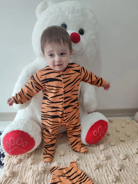 LitaeTrend 3-6-9-12 Ay Pooh Desenli Zebra Çizgili Şapkalı Sweatli 3lü Kız Erkek Bebek Tulumu(sarı) Sarı - Resim 3