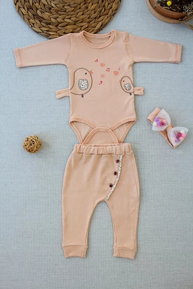 LitaeTrend 3-6 6-9 9-12 Ay Şarkıcı Kuşlar Nakışlı Bandanalı Uzun Kollu Zıbınlı 3lü Kız Bebek Takımı Buğday ürün görseli 1