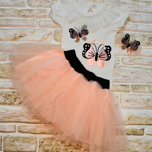 LitaeTrend 9-12-18 Ay Payetli Kelebek Nakışlı Taçlı Kısa Kollu Tütü Etek 3lü Kız Bebek Takımı Pudra ürün görseli 1