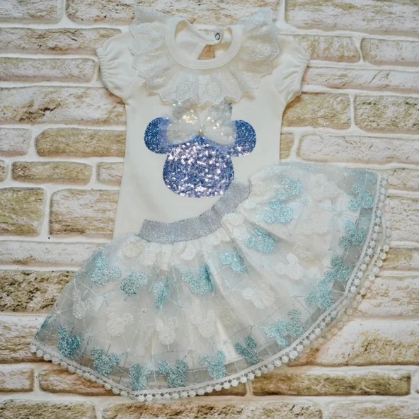 LitaeTrend 1-2-3 Yaş Payetli Mickey Nakışlı Kısa Kollu Brode Etekli 2li Kız Bebek Takımı Turkuaz - Resim 2