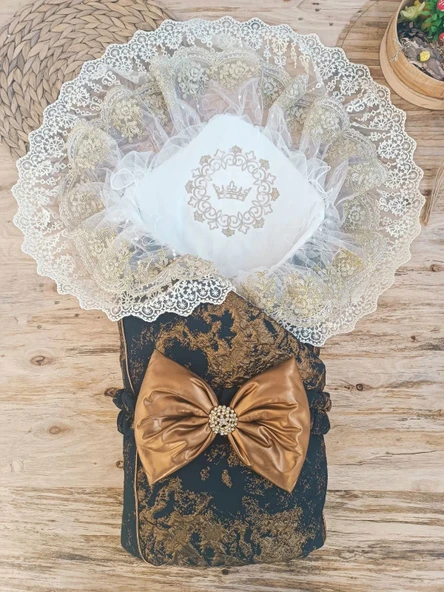 LitaeTrend Yenidoğan Kendinden Desenli Krom Fiyonklu Bebek Battaniyesi Kundak Bakır ürün görseli