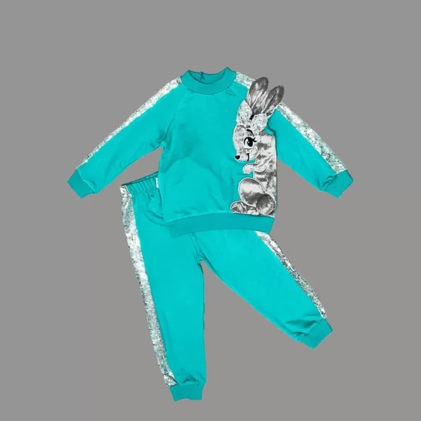 LitaeTrend 1-2-3 Yaş Payetli Pelüş Tavşan Desenli Likra Penye Kumaş Sweat Pantolonlu Kız 2li Çocuk Takımı Mint Yeşili ürün görseli 1