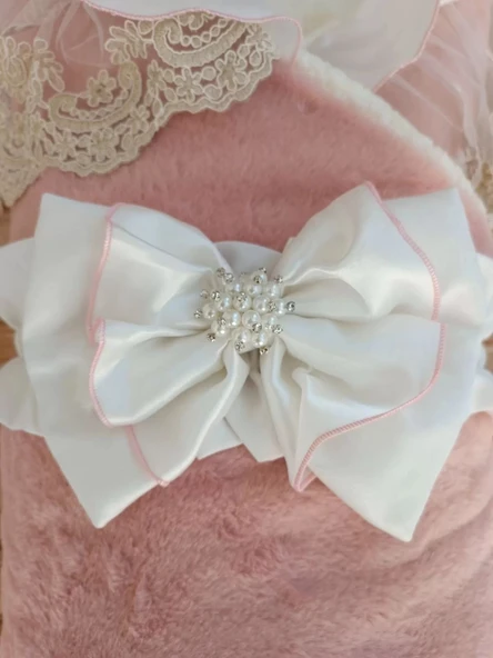 LitaeTrend Yenidoğan Wool Yün Kumaş Taç Nakışlı Güpür Duvaklı Fiyonk Prizma Taş Unisex Kundak Bebek Battaniyesi Pembe - Resim 7