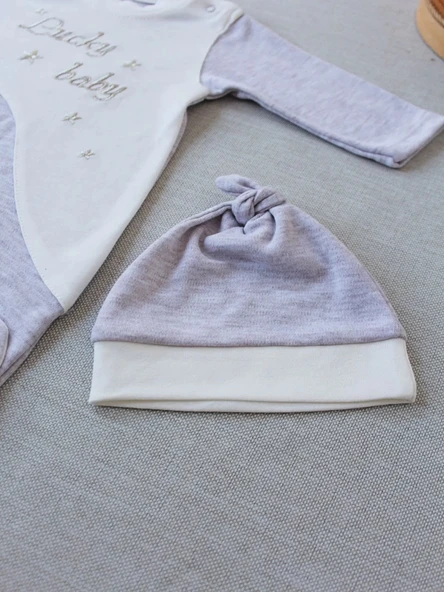 LitaeTrend 0-3 3-6 Ay Lucky Turk Nakışlı Es Çizgi Boy Şapkalı Erkek Bebek Tulumu Kahvemelanj - Resim 4