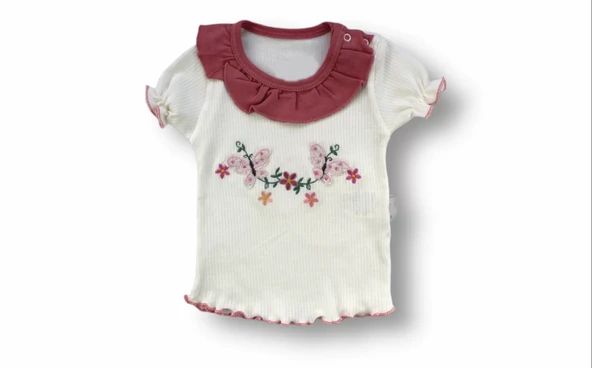 LitaeTrend 6-9 9-12 12-18 Ay Çiçek Nakışlı Roman Şalvar Bandanalı Kısa Kollu Sweat 3lü Kız Bebek Takımı Nar Çiçeği - Resim 2