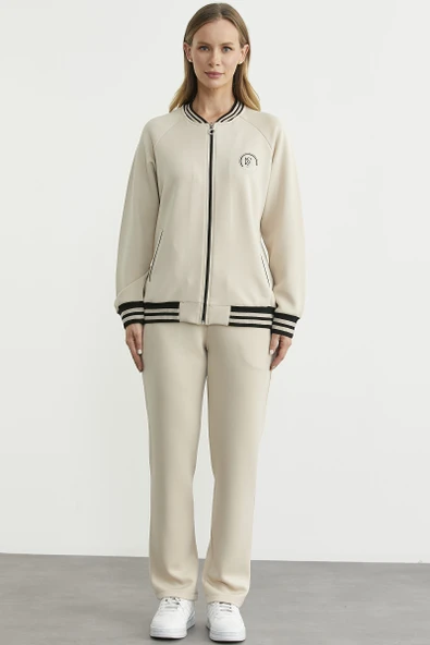 Şerit Detaylı Scuba Eşofman Takım - Bej - Resim 2