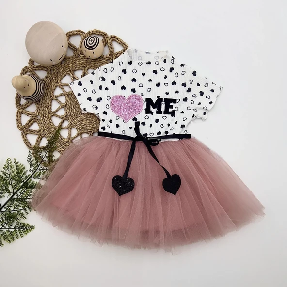 LitaeTrend 1-2-3 Yaş Payetli Kalp Me Baskılı Kız Bebek Elbisesi Gül Kurusu ürün görseli 1