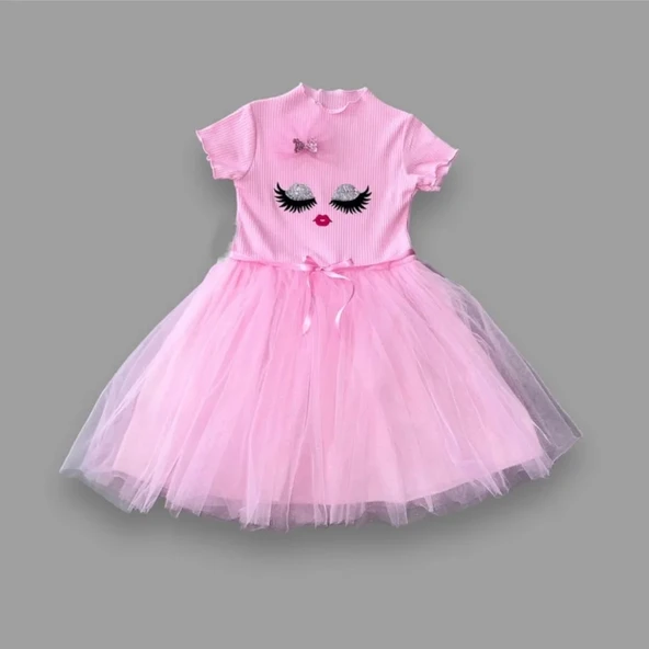 LitaeTrend 5-6-7 Yaş Payetli Süslü Yüz Baskılı Kız Çocuk Elbisesi Pembe ürün görseli 1