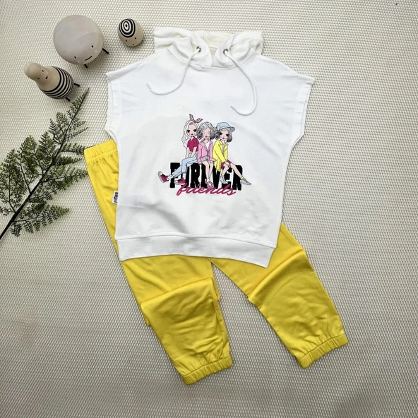 LitaeTrend 3-4-5 Yaş Forever Cici Kızlar Baskılı Kapşonlu 2li Kız Çocuk Takımı Sarı ürün görseli 1