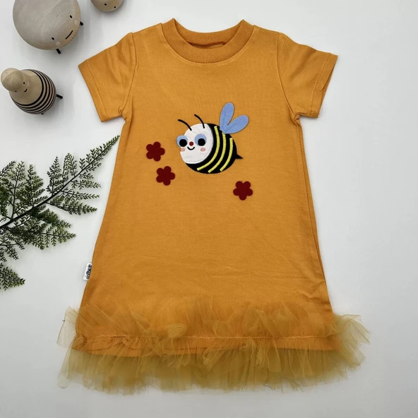 LitaeTrend 1-2-3 Yaş Arıcık Nakışlı Eteği Fırfırlı Jile Kız Çocuk Elbisesi Turuncu ürün görseli 1