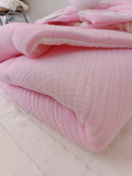 LitaeTrend Yenidoğan 4 Kat Müslin Kumaş Kulaklı Patili Fiyonk Bebek Battaniyesi Kundak Pembe - Resim 4