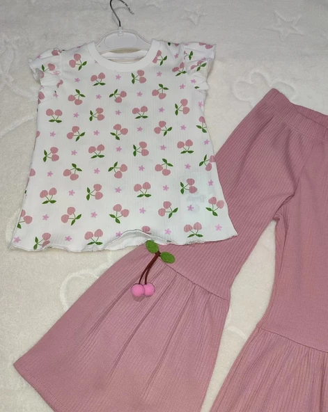 LitaeTrend 1-2-3-4 Yaş Kiraz Baskılı Tişört İspanyol Paçalı Likralı 2li Kız Çocuk Takımı Gül Kurusu - Resim 2