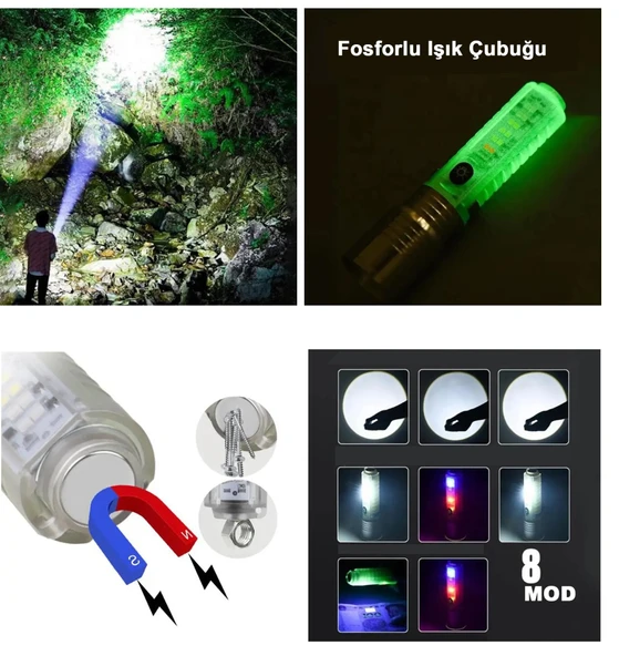 El Feneri 8 Mod Şarjlı Fosforlu Mıknatıslı Led El Feneri ürün görseli