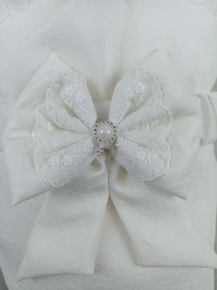 LitaeTrend Yenidoğan Bambu Taç Nakışlı Kundaklı Trilüks 3lü Alt Açma Seti Ekru - Resim 6