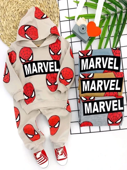 LitaeTrend 9-12-18-24 Ay Kapşonlu Örümcek Adam Baskılı Uzun Kollu 3lü Kız Erkek Bebek Takımı Hardal ürün görseli 1