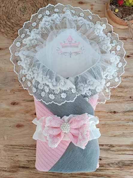 LitaeTrend Yenidoğan Teri Cotton Taç Nakışlı Prizma Taş Kundak Bebek Battaniyesi Pembe ürün görseli 1