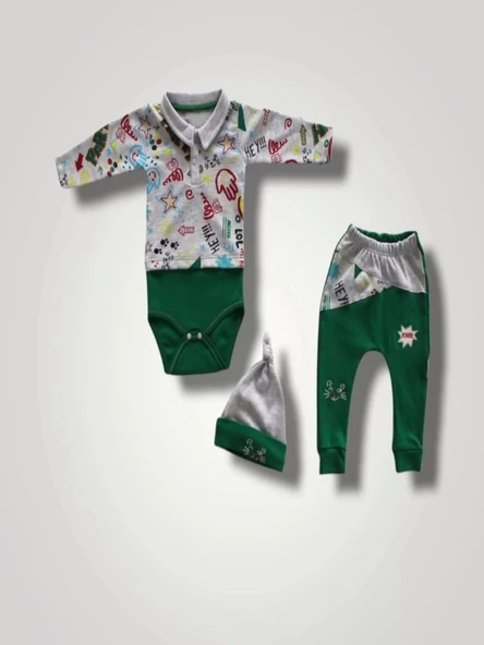 LitaeTrend 6-9 12-18 18-24 Ay Power Kedi Nakışlı Uzun Kollu Zıbınlı Şapkalı 3lü Kız Erkek Bebek Takımı Yeşil ürün görseli 1