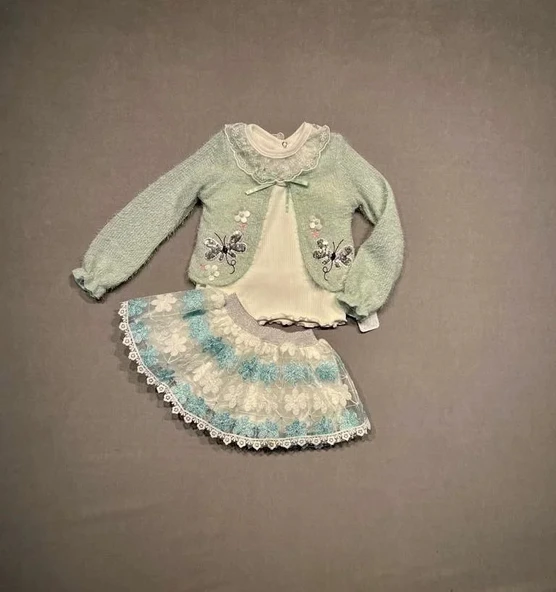 LitaeTrend 1-2-3 Yaş Brode Etekli Örme Hırkalı Uzun Kollu Sweat 3lü Kız Çocuk Takımı Su Yeşili ürün görseli 1