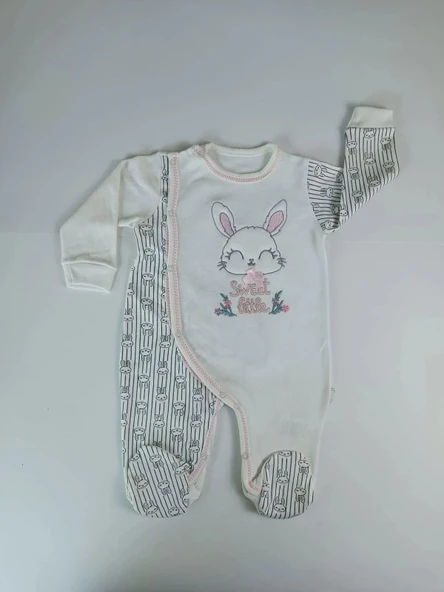 LitaeTrend 0-3 3-6 Ay Minik Tavşan Nakışlı Boydan Çıtçıt Kapamalı Kız Erkek Bebek Tulumu Ekru - Resim 2