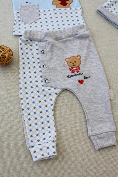 LitaeTrend 3-6 9-12 12-18 Ay Romantik Ayıcık Nakışlı Şapkalı Uzun Kollu Sweatli 3lü Kız-erkek Bebek Takımı Mavi - Resim 3