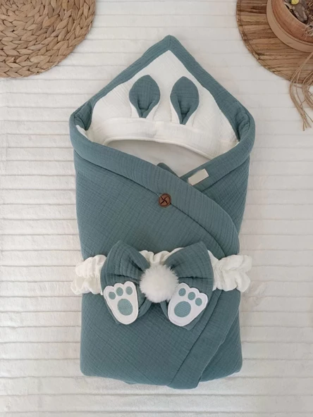 LitaeTrend Yenidoğan 4 Kat Müslin Kumaş Kulaklı Patili Fiyonk Bebek Battaniyesi Kundak Kahverengi ürün görseli 1