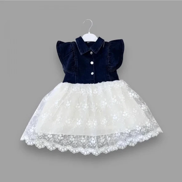 LitaeTrend 2-3-4 Yaş Astarlı Brode Etekli Kot Kumaş Düğmeli Kız Çocuk Elbisesi Lacivert ürün görseli 1