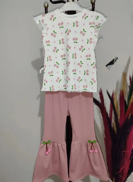 LitaeTrend 1-2-3-4 Yaş Kiraz Baskılı Tişört İspanyol Paçalı Likralı 2li Kız Çocuk Takımı Gül Kurusu - Resim 4