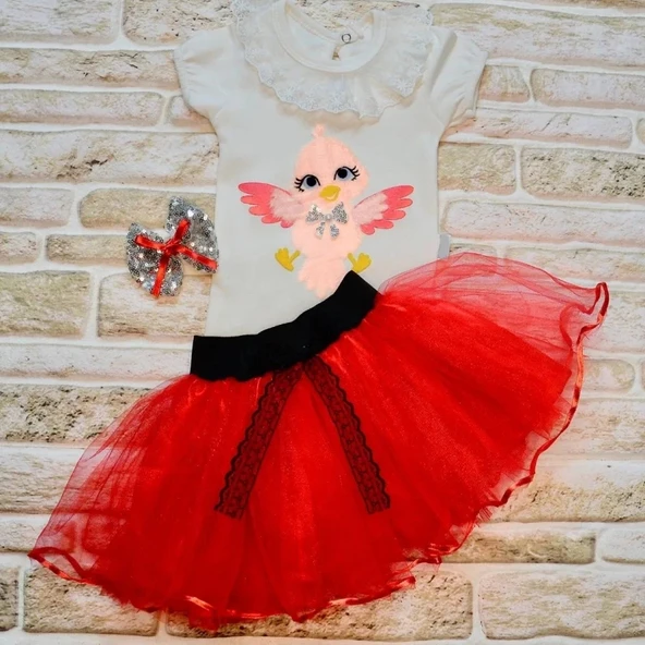 LitaeTrend 9-12-18 Ay Toka Hediyeli Kuş Desenli Tişört Tütü Etek 2li Kız Bebek Takımı Kırmızı ürün görseli 1