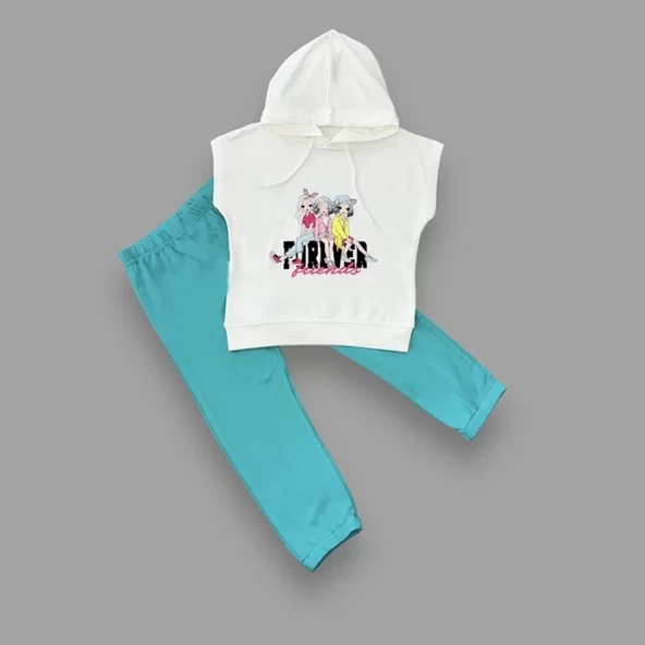 LitaeTrend 3-4-5 Yaş Forever Cici Kızlar Baskılı Kapşonlu 2li Kız Çocuk Takımı Turkuaz - Resim 2