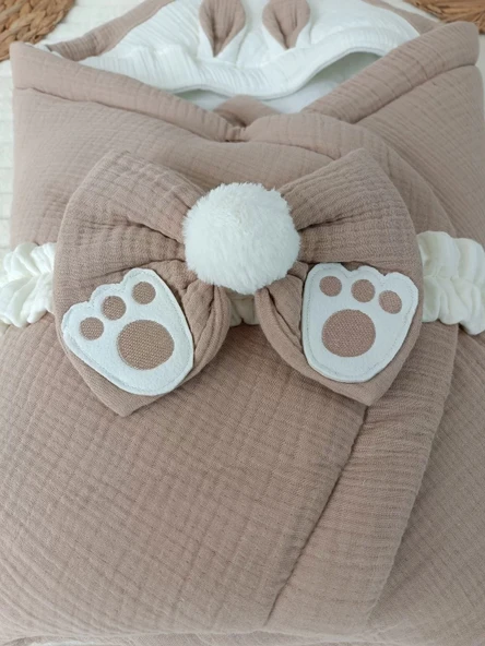 LitaeTrend Yenidoğan 4 Kat Müslin Kumaş Kulaklı Patili Fiyonk Bebek Battaniyesi Kundak Yeşil - Resim 2