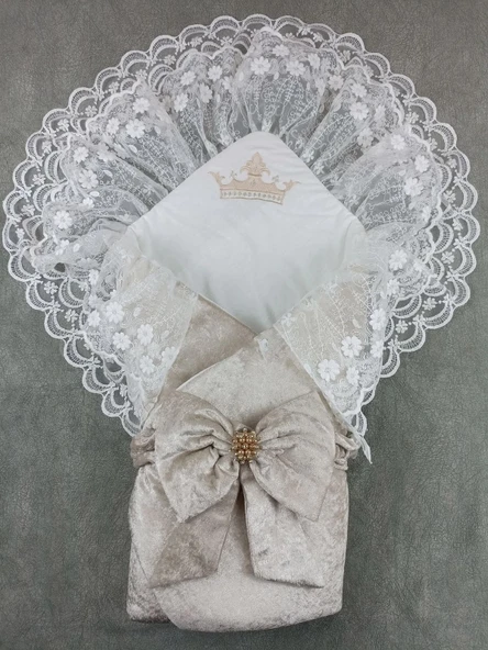 LitaeTrend Yenidoğan Saray Kadife Taç Nakışlı İnci Fiyonklu Çift Dantel Duvak Trilüks Kundak Bebek Battaniyesi Vizon-ekr ürün görseli 1