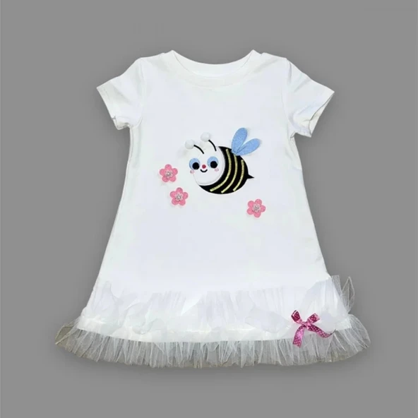 LitaeTrend 1-2-3 Yaş Arıcık Nakışlı Eteği Fırfırlı Jile Kız Çocuk Elbisesi Beyaz - Resim 2